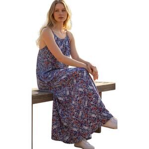 OLD NAVY Women's L Maxi Resort Dress Blue Bird Print Sleeveless Lined Chiffon